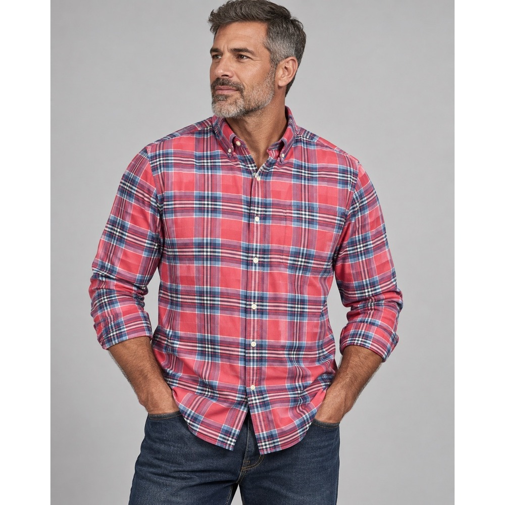 Vineyard Vines Mens Classic Fit Plaid Button Down Shirt Red Blue Cotton Linen XL